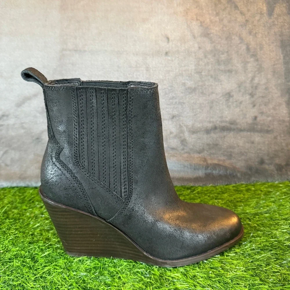 Lucky Brand Wilano Wedge Booties Womens Size 7 Black Leather Elastic Gore